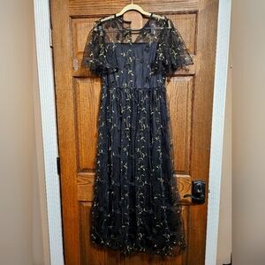 Green and Gold Vine Embroidery Mesh Overlay With 3D Flowers Black Midi Dress